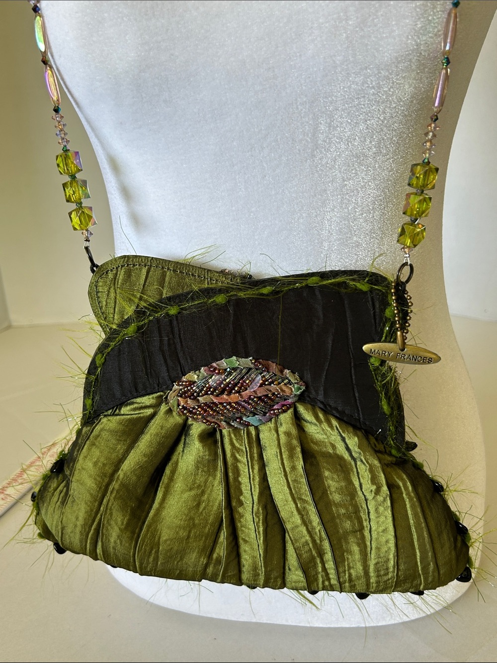 MARY FRANCES BEADED GREEN SILK, FLORAL APPLIQUÉ AND FRINGE CROSSBODY bag - Picture 2 of 15